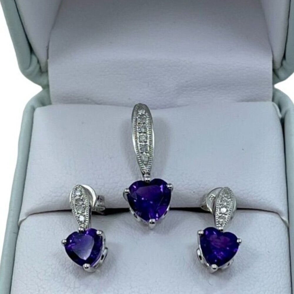 10K White Gold Heart-Shaped Amethyst and White Sapphire Earrings and Pendant Set - Picture 2 of 5